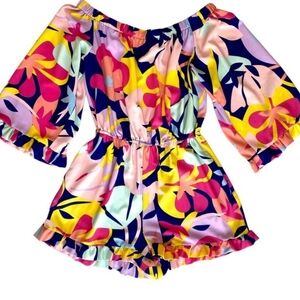 Laundry By Shelli Segal Jumpsuit Romper Floral Abstract with Ruffle Trim Size 12